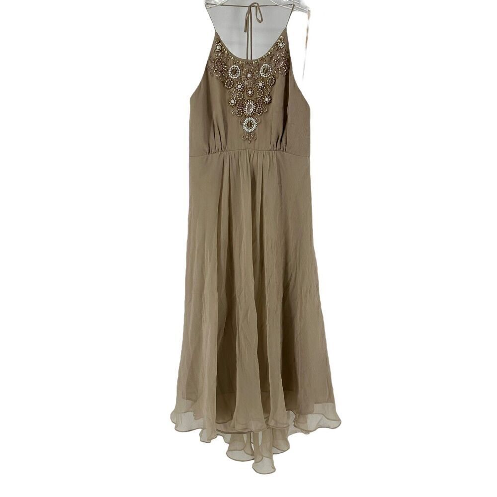 Milly Silk Beaded Halter Dress Knee Length Beige Formal Size 2 Party Cocktail